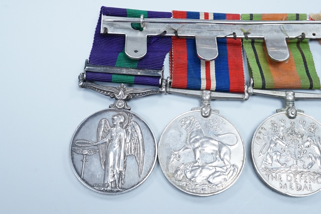 A WWII medal group awarded to Fg. Off. A.J. Fransella R.A.F., comprising of five medals including the Defence Medal, the 1939-1945 Medal, the Italy Star, the 1939-1945 Star and the General Service Medal with clasp for Pa